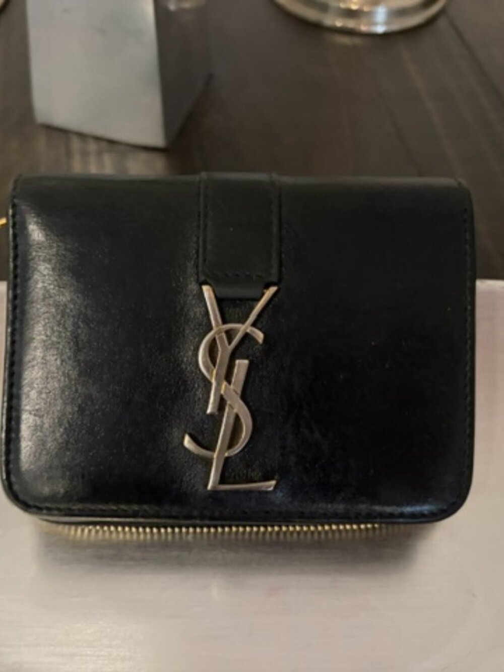 Saint Laurent YSL Cassandre Black Leather Compact Wallet Silver Hardware